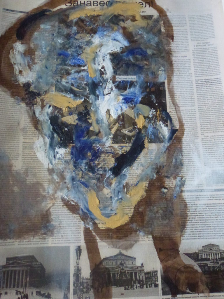 D’autres nouvelles « S’abandonner tard » encre et peinture à l’huile sur papier journal Russe, marouflé sur papier . 2011