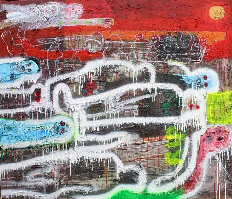 The floating dead body’s . acrylic, spray paint on textured canvas